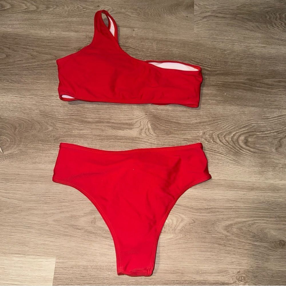 Red One-Shoulder High Waisted Bikini - Picture 7 of 7